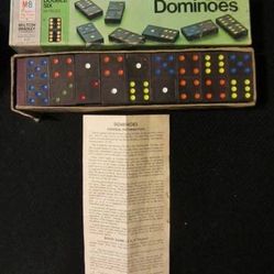 Vintage - 1970 Milton Bradley Halsam Double Six Dragon Colored Dot Wooden Dominoes with instructions. Total of 28 Dominoes.