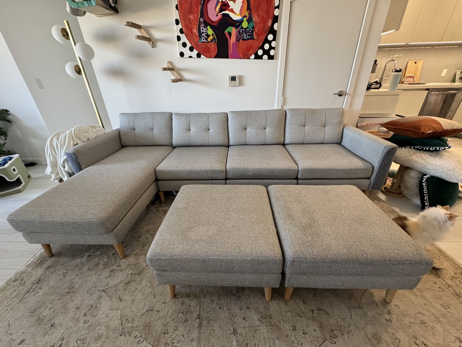 Gray Couch & 2 Ottomans