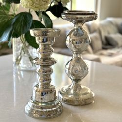 Lot of Two 2 Pottery Barn Antiqued Mercury Glass Large Pillar Candle Holder Silver Home Decoration NEW