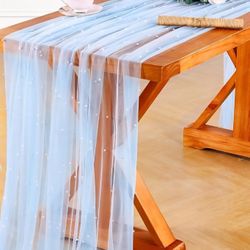 10ft Light Blue Tablecloth 60x120 Inch Pearl Tulle Tablecloth Wedding Sheer Table Cover for Sweetheart Table Birthday Party Cake Table Decoration.    