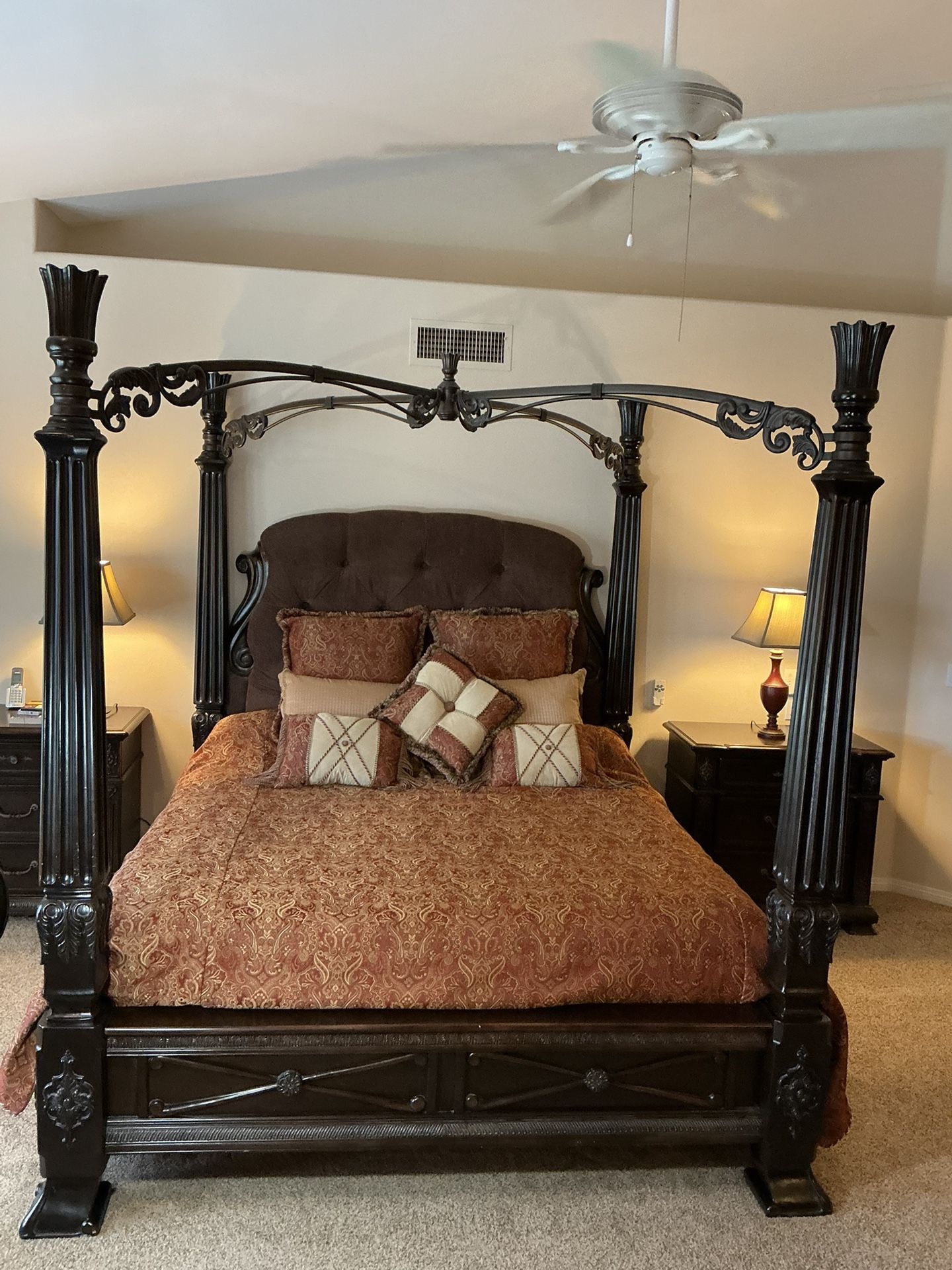 Elegant King Canopy Bedroom Set – Dark Wood with Upholstered Headboard + Mattress 