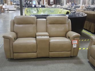 Leather Italia Tan Leather Dual-Power Reclining Loveseat with Console