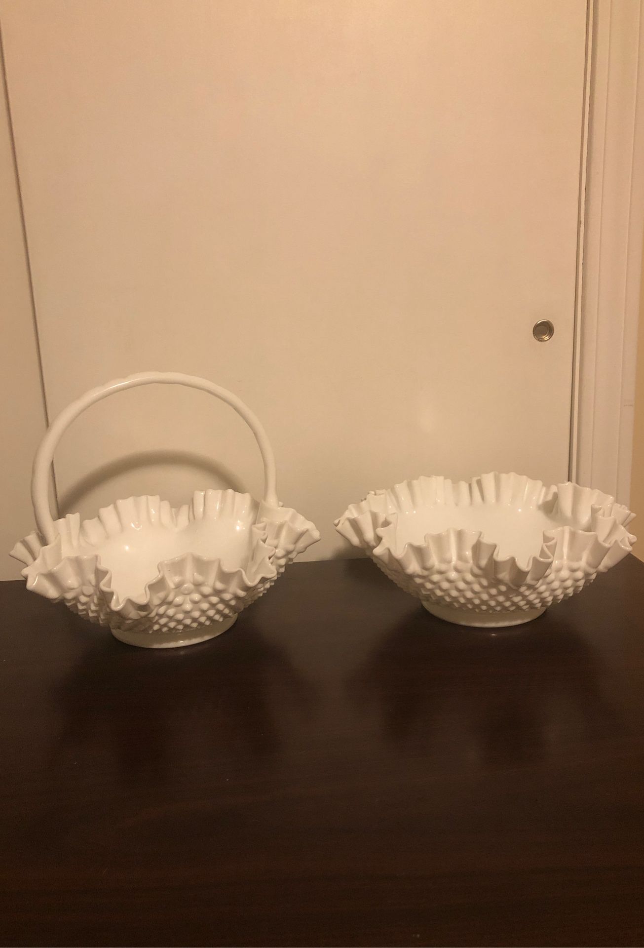 Beautiful Vintage Fenton White Hobnail Milk Glass Basket Candy Dish