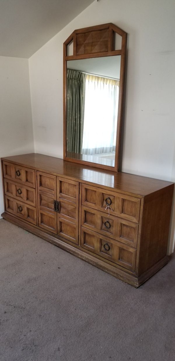 Vintage Antique Large Mid Century Modern Dresser With Mirror