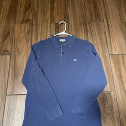 VINTAGE designer BURBERRY LONDON Men's L BlueCotton Long Sleeve Polo Shirt