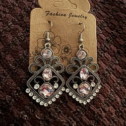 NWT Silver, Marcasite Pierced Earrings With Clear And Pink Stones