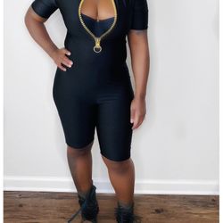 Women’s Black Zip-Front Romper with Gold Hardware ✨
