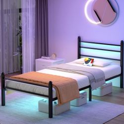 Metal Platform Twin Bed Frame with LED Lights, Charging Station WITH mattress!