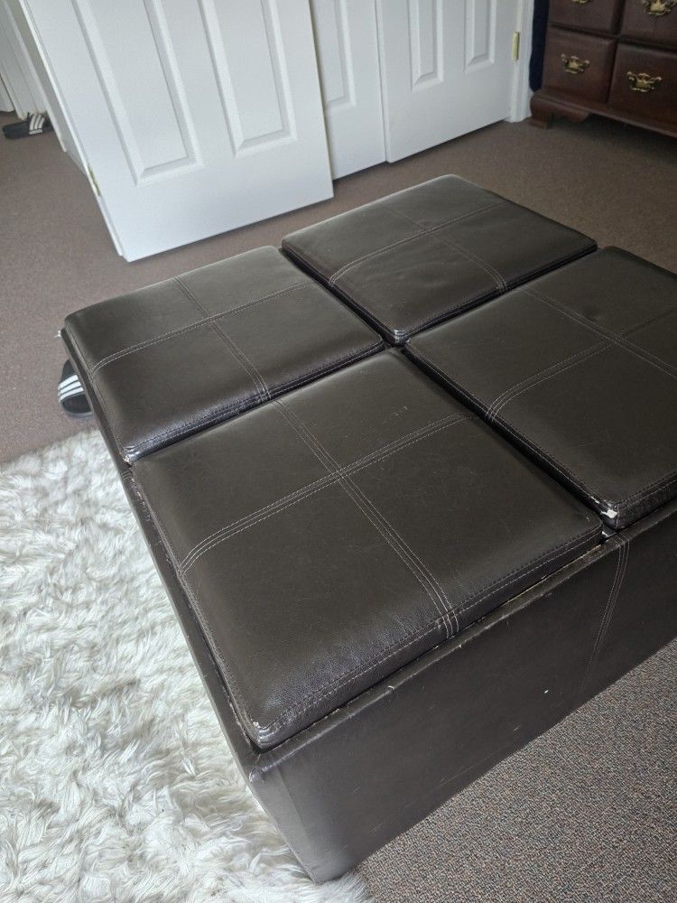 Black Leather Storage Ottoman, Coffee Table, With Trays For Extra Space