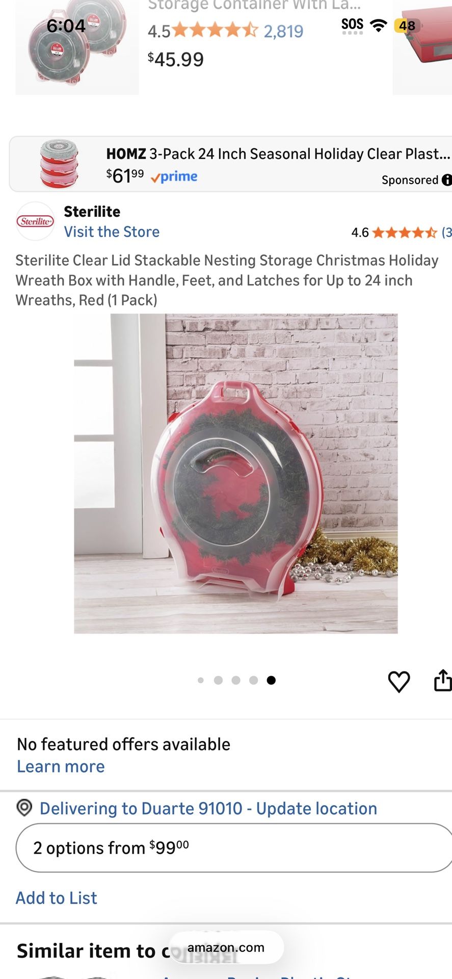 Sterilite 24” Wreath Storage Container