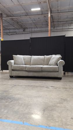 Used Greige Fabric Three-Seater Sofa with Rolled Arms