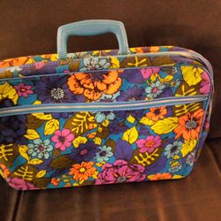 Vintage Floral Fabric Vinyl Suitcase With Key Made In Japan 