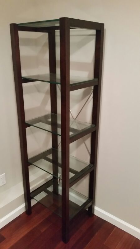 Espresso and glass bookcase (crate and barrel)