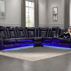 Power electric black leather fully reclining sectional couch