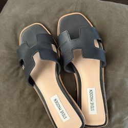 STEVE MADDEN HADYN BLACK LEATHER Slide Sandals 