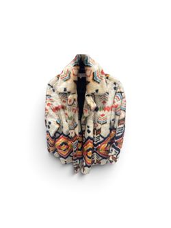 Free People XS Beige Aztec Faux Fur Button Front Lined Cocoon Short Coat