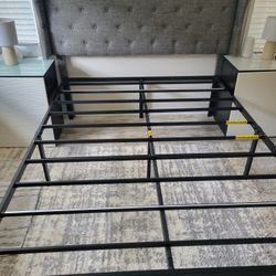Gray Upholestered Wing Queen Bed Frame with Extra Storage Space
