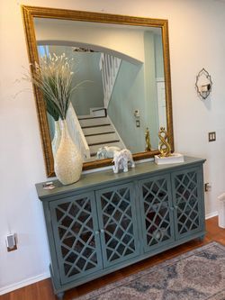 Teal Blue Sideboard Console Cabinet with Glass Doors