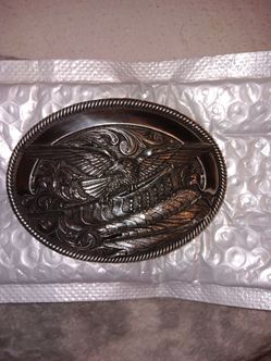 Nocona Antique Brass Belt Buckle Oval Eagle With American Flag Design
