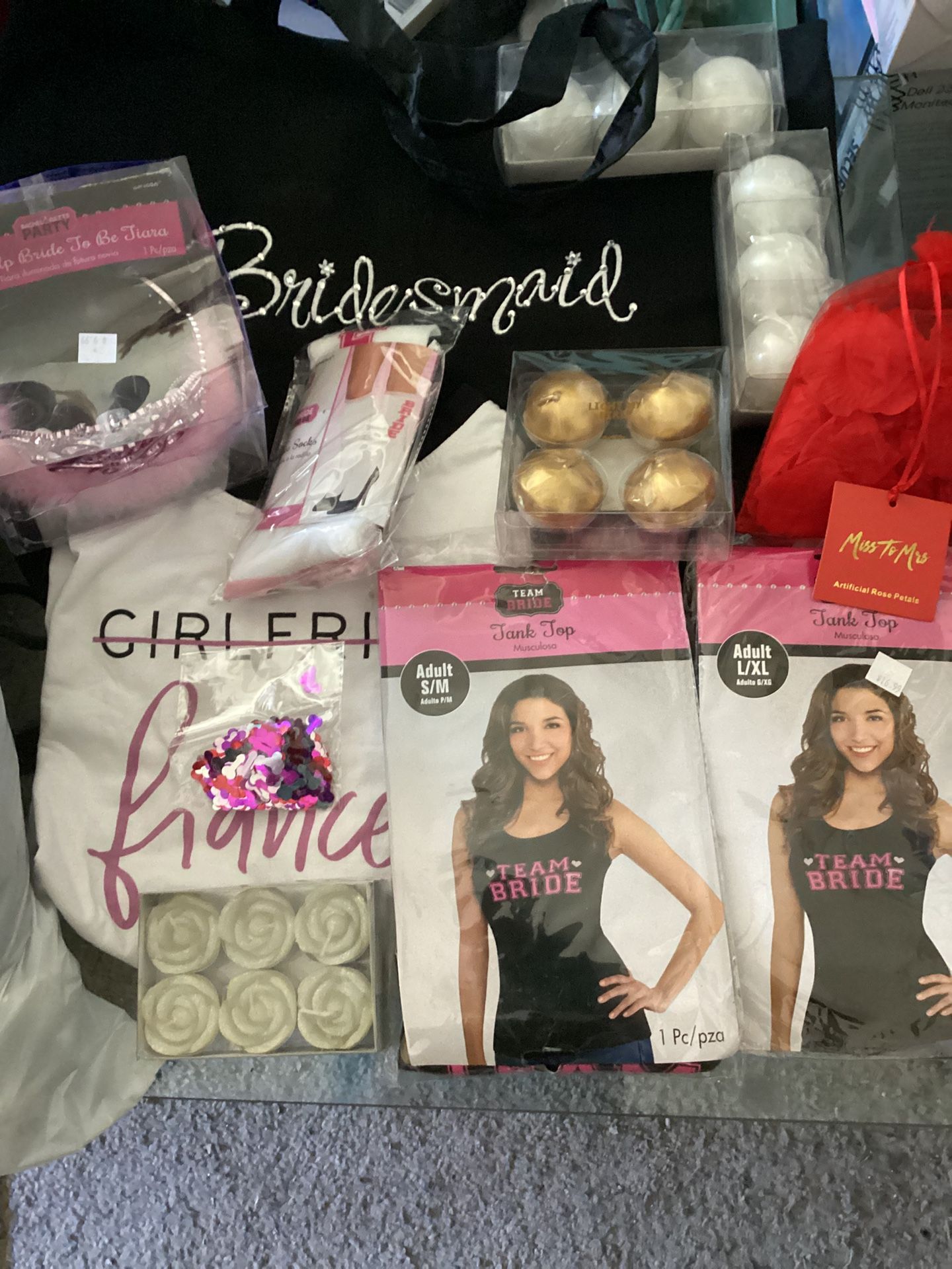 Wedding, Bridesmaid Party & Bride Lot: Tops, Tiara, Candles, 2 Tote Bags