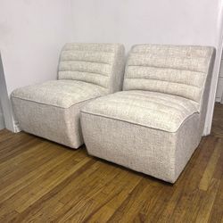 New Set of 2 New Off White Accent Swivel Chairs Armless Upholstered Channeled Tufted