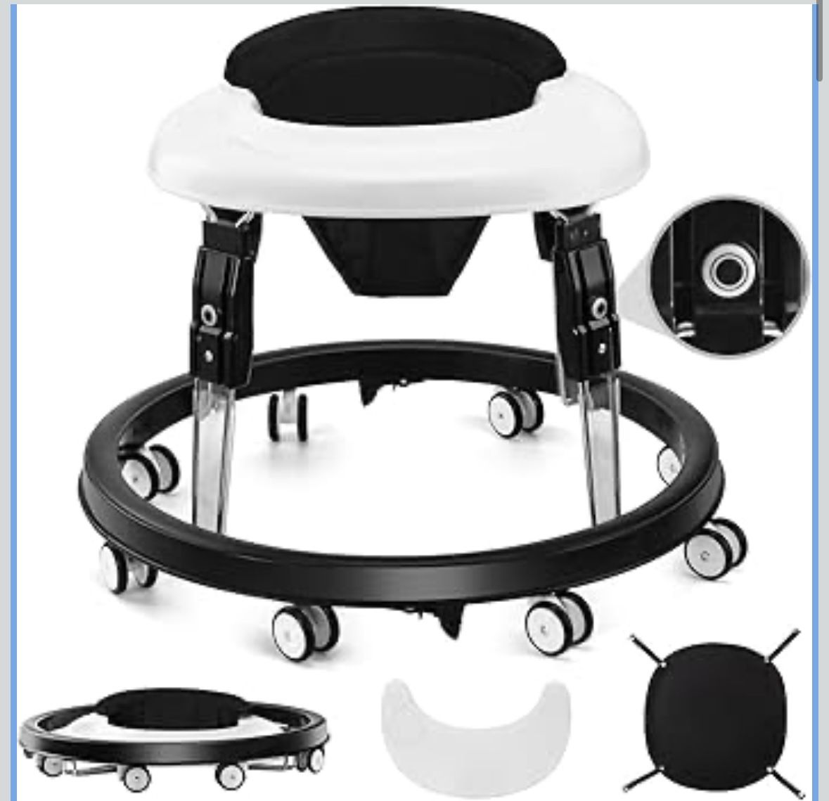 Baby Walker with Wheels, One-Touch Folding Anti-Roll 8-Wheel Baby Walkers, 7-Speed Height Adjustment with Large Dinner Plate and Brake 6-18 Months Bab