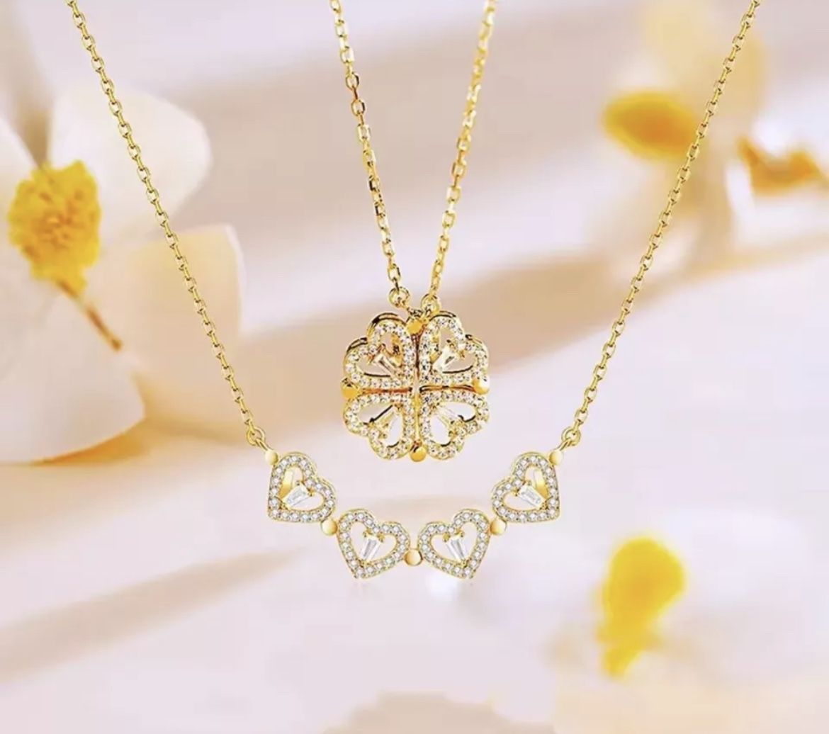 Beautiful Four Leaf Clover Necklace 2-in-1 Heart Pendant Design 14K GP