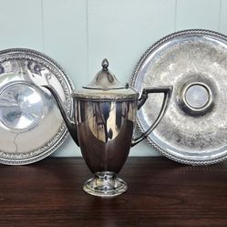 Vintage Silver Platters And Teapot. 