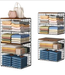 4-Tier Stackable Closet Organizers and Storage Shelves, Closet Storage Basket with Wood Tops, Adjustable Height Dividers