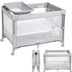 ANGELBLISS Baby Bassinet Bedside Crib, Pack and Play with Mattress, Diaper Changer, One-Push Setup Playards from Infants to Toddlers (Grey)