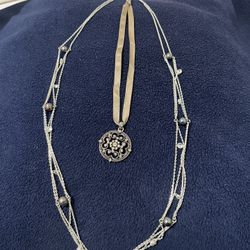 Cookie Lee- Silver Chain/Gray Ribbon Necklace 