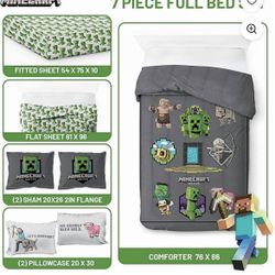 BRAND NEW - 7 Piece Minecraft Let's Minecraft Comforter Set with Shams - Full Size 