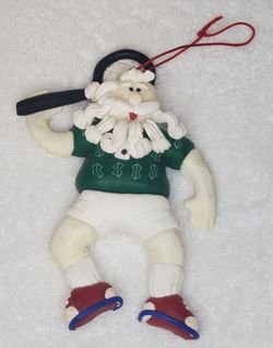 Vintage Tennis Santa Christmas Ornament Hand-Dough Clay Sporty Santa Green Shirt