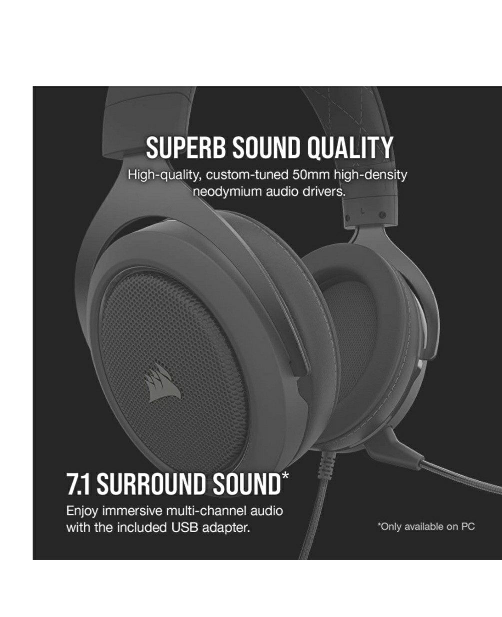Corsair HS60 Pro – 7.1 Virtual Surround Sound PC Gaming Headset w/USB DAC - Headphones – Compatible with Xbox One, PS4, and Nintendo Switch – Carbon