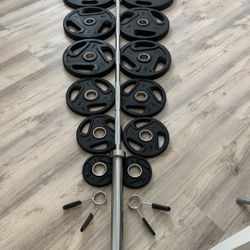 Weight Plates Rubber Coated Set 245 Lbs Plus Olympic Barbell With Metal Collars All Brand New
