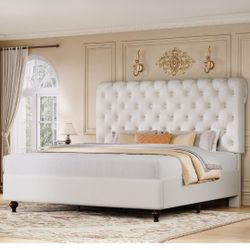 DWVO King Size Platform Bed Frame with 54" Tall Headboard, PU Leather Upholstered Platform Bed with Solid Wood Leg, Button Tufted, No Box Spring Neede