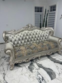 Baroque Style Tufted Sofa Silver Carved Frame