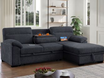 Sleeper Sectional Sofa with Right-Facing Chaise in Dark Grey Chenille Fabric