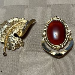 Leaf Brooch And Carnelian Pendant/ Scarf Clip