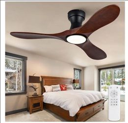 42 Inch Wood Flush Mount Ceiling Fans with Light and Remote, Dimmable 3 Blade Wood Ceiling Fan Indoor Outdoor Fan for Bedroom Patio
