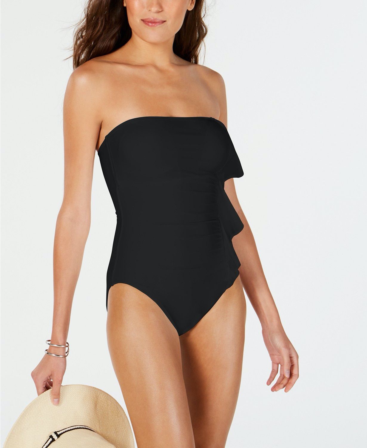 DKNY Bandeau Ruffle Front One-Piece Swimsuit