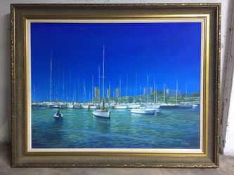 Original painting of boats in a harbor by Y. Marc.