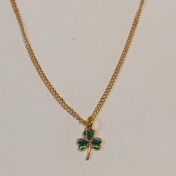 Gold Plated Green Enamel Wavy Clover Charm Necklace