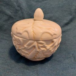 Hallmark Autumn Candle Holder Oak Leaves Acorns Ceramic Jar with Lid Used