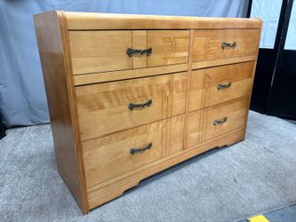 Vintage Blonde Transitional Art Deco Waterfall 6-Drawer Low Dresser