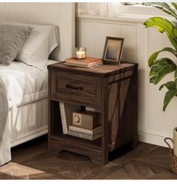 (Set of 2)Farmhouse Bedside Tables – Rustic Wood Nightstands with Drawer & Shelf | Dark Walnut