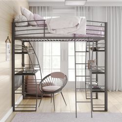 Twin Metal Loft Bed with Integrated Desk and Shelves, Silver