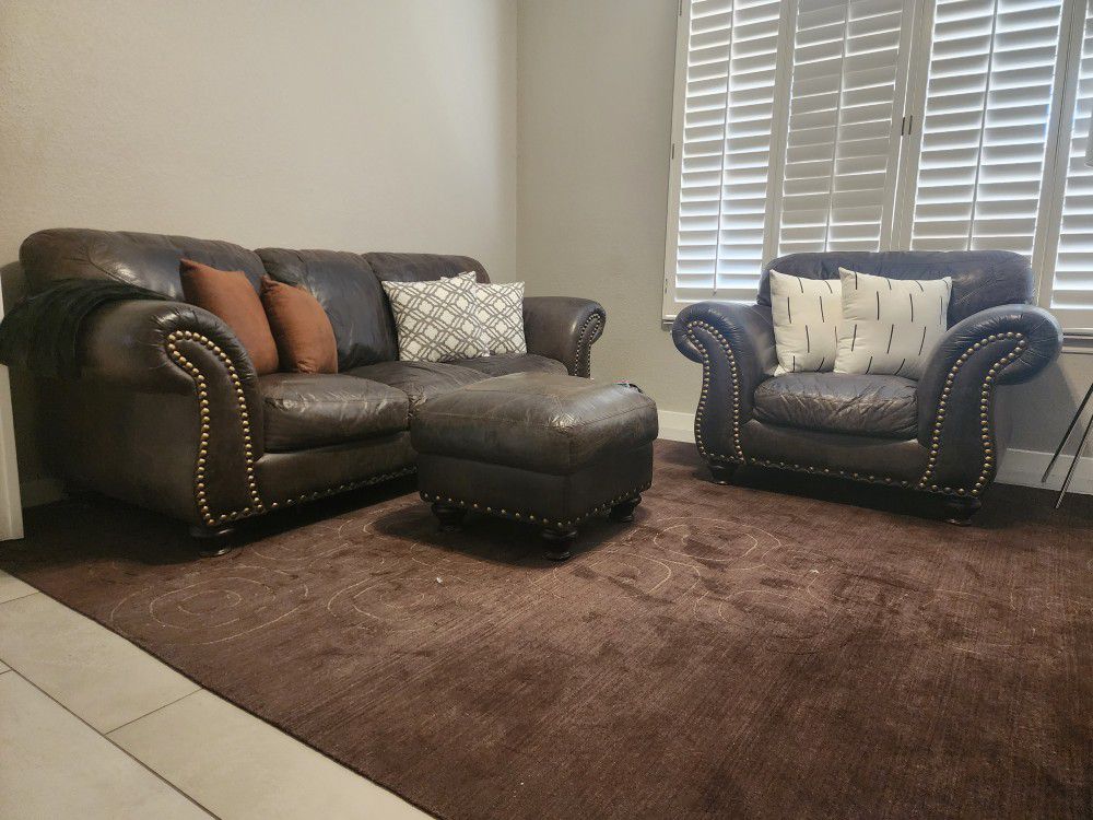 Leather Couch And Chair With Ottoman