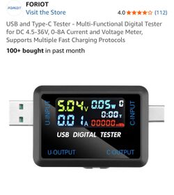 USB and Type-C Tester - Multi-Functional Digital Tester for DC 4.5-36V, 0-8A Current and Voltage Meter, Supports Multiple Fast Charging Protocols