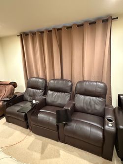 3-Piece Brown Leather Recliner Theater Seats